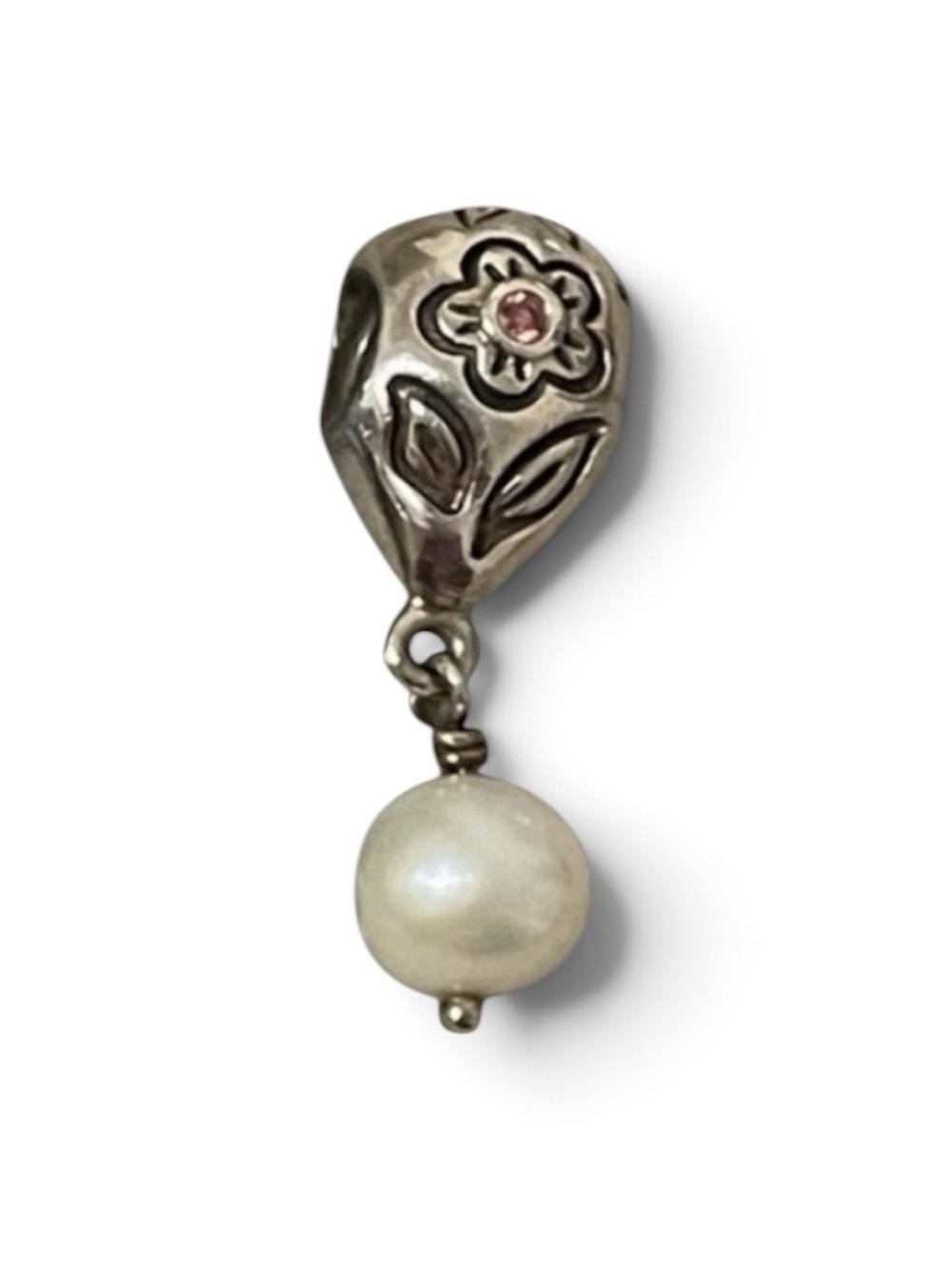 Pandora Sterling Silver Floral Pearl Drop Charm with Pink Gem